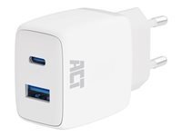 ACT - Adaptateur secteur - 20 Watt - 3 A - QC 3.0, AFC, Power Delivery 3.0 + PPS, GaNFast (USB type A, USB-C) - blanc