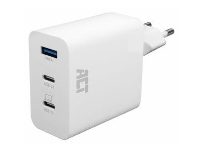 ACT - Adaptateur secteur - 65 Watt - 3.25 A - Power Delivery 3.0 + PPS, QC 4.0+, QC 3.0, GaNFast - 3 connecteurs de sortie (USB type A, 2 x USB-C) - blanc - Europe