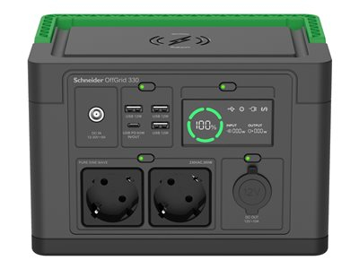 Schneider OffGrid 330 - Centrale électrique portable - LCD, lithium-ion, 2 prises schuko CEE 7/3, onde sinusoïdale, 3 USB-A, 1 USB-C, chargeur sans fil - CA 230 V - 330 Watt - Lithium Ion - 332 Wh - connecteurs de sortie : 2 - noir, vert