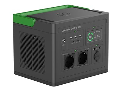 Schneider OffGrid 500 - Centrale électrique portable - LCD, lithium-ion, 2 prises schuko CEE 7/3, onde sinusoïdale, 3 USB-A, 2 USB-C, chargeur sans fil - AC 195 - 265 / DC 12 -30 V - 500 Watt - Lithium Ion - 517 Wh - connecteurs de sortie : 2 - noir, vert