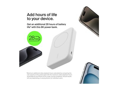 Belkin - Banque d'alimentation sans fil - magnétique avec Qi2 - 8000 mAh - 15 Watt - Fast Charge (USB-C) - sur le câble : USB-C - blanc