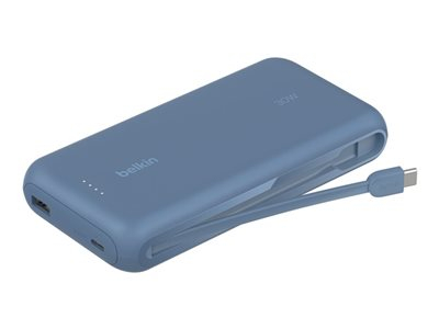 Belkin BOOST CHARGE - Banque d'alimentation - avec câble intégré - 20000 mAh - 30 Watt - PD - 3 connecteurs de sortie (2 x USB-C, USB) - bleu