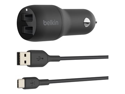 Belkin BOOST CHARGE Double chargeur - Adaptateur d'alimentation pour voiture - 24 Watt - 4.8 A - 2 connecteurs de sortie (USB) - sur le câble : USB-C - noir
