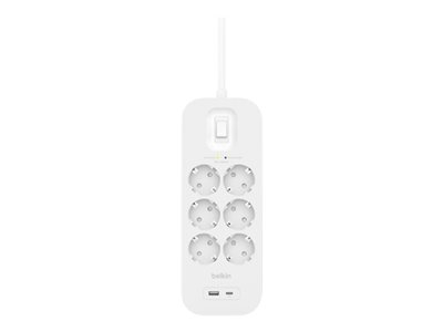 Belkin Connect - Protection contre les surtensions - avec ports USB-C et USB-A - connecteurs de sortie : 6 - 2 m cordon