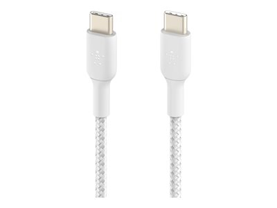 Belkin BOOST CHARGE - Câble USB - USB-C (M) pour USB-C (M) - USB 2.0 - 20 V - 3 A - 15 cm - USB Power Delivery (60W), câble tressé - blanc