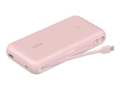 Belkin BOOST CHARGE - Banque d'alimentation - avec câble intégré - 20000 mAh - 30 Watt - PD - 3 connecteurs de sortie (2 x USB-C, USB) - Certifié MFI - rose
