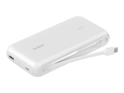 Belkin BOOST CHARGE - Banque d'alimentation - avec câble intégré - 20000 mAh - 30 Watt - PD - 3 connecteurs de sortie (2 x USB-C, USB) - Certifié MFI - blanc