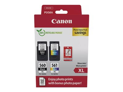 Canon PG-560XL/CL-561XL Photo Value Pack - Glanzend - 2 - hoog rendement - zwart, kleur (cyaan, magenta, geel) - origineel - hangdoos - inktcartridge / papierset - voor PIXMA TS5350, TS5351, TS5352, TS5353, TS7450