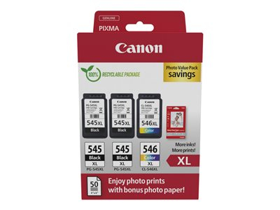 Canon PG-545 XL/CL-546XL Photo Value Pack - Pack de 3 - noir, couleur (cyan, magenta, jaune) - original - jeu de papier / cartouche d'encre - pour P/N: 0727C068, 727C076