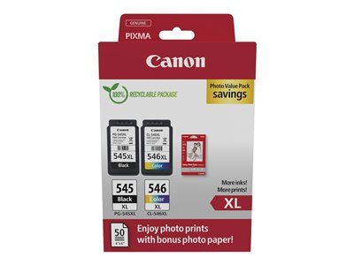 Canon PG-545 XL/CL-546XL Photo Value Pack - Brillant - pack de 2 - à rendement élevé - noir, couleur (cyan, magenta, jaune) - original - 100 x 150 mm 50 feuille(s) boîte de suspension - jeu de papier / cartouche d'encre - pour PIXMA TR4550, TR4551, TR4650, TR4651, TS3350, TS3351, TS3352, TS3355, TS3450, TS3451