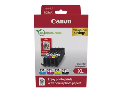 Canon CLI-551XL C/M/Y/BK Photo Value Pack - Pack de 4 - 11 ml - XL - jaune, cyan, magenta, noir - original - boîte - réservoir d'encre/kit papiers - pour MAXIFY MG6650; PIXMA iP8750, iX6850, MG5550, MG5650, MG6650, MG7550, MX725; PIXUS MG7550