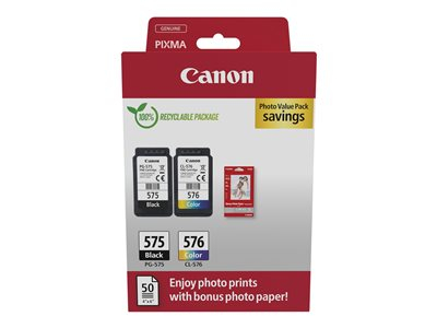 Canon PG-575/CL-576 Photo Paper Value Pack - Pack de 2 - noir, couleur (cyan, magenta, jaune) - original - boîte de suspension - jeu de papier / cartouche d'encre - pour PIXMA TR4750i, TR4751i, TR4755i, TS3550i, TS3551i