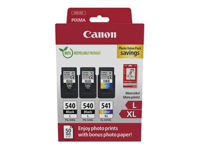 Canon PG-540L x2/CL-541XL Photo Paper Value Pack - Pack de 2 - noir, couleur (cyan, magenta, jaune) - original - boîte de suspension - jeu de papier / cartouche d'encre - pour PIXMA MG3250, MG3550, MG3650, MG4250, MX395, MX455, MX475, MX525, MX535, TS5150, TS5151