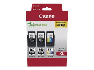 Canon PG-560XL x2/CL-561XL Multi Value Pack - Pack de 3 - à rendement élevé - noir, couleur (cyan, magenta, jaune) - original - boîte de suspension - cartouche d'encre - pour PIXMA TS5350, TS5351, TS5352, TS5353, TS7450