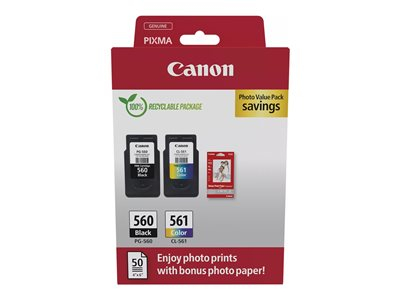 Canon PG-560/CL-561 Photo Value Pack - Brillant - pack de 2 - noir, couleur (cyan, magenta, jaune) - original - boîte de suspension - jeu de papier / cartouche d'encre - pour PIXMA TS5350, TS5350a, TS5350i, TS5351, TS5351a
