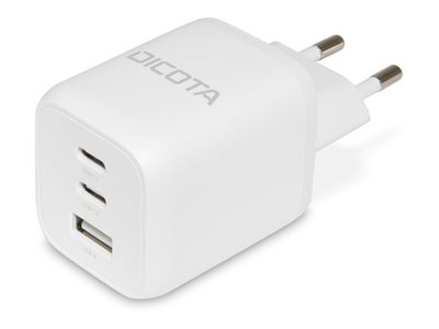 DICOTA - Adaptateur secteur - compact, GaN - 65 Watt - 5 A - PD 3.0 - 3 connecteurs de sortie (2 x USB-C, USB) - blanc - Europe