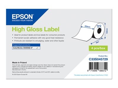 Epson - Haute-brillance - adhésif permanent en acrylique - Rouleau (20,3 cm x 58 m) 4 rouleau(x) étiquettes continues - pour ColorWorks CW-C6000Ae, CW-C6000Pe, CW-C6500Ae, CW-C6500Pe