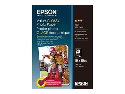 Epson Value - Brillant - 100 x 150 mm - 183 g/m² - 20 feuille(s) papier photo - pour Epson L382, L386, L486; Expression Home HD XP-15000; Expression Premium XP-900