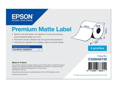 Epson Premium - Mat lisse - adhésif permanent en acrylique - blanc brillant - Rouleau (20,3 cm x 60 m) 4 rouleau(x) étiquettes continues - pour ColorWorks CW-C6500Ae, CW-C6500Pe