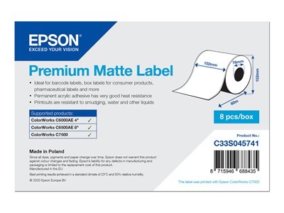 Epson Premium - Mat - adhésif permanent en acrylique - Rouleau (10,2 cm x 60 m) 8 rouleau(x) étiquettes continues - pour ColorWorks CW-C6000Ae, CW-C6500Ae, CW-C6500Pe, TM-C7500, TM-C7500G