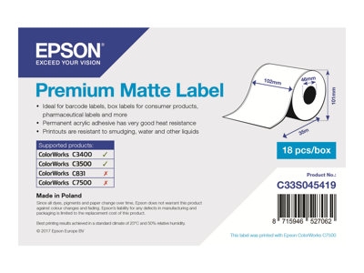Epson Premium - Mat - Rouleau (10,2 cm x 35 m) 1 rouleau(x) papier continu pour étiquette - pour Epson TM-C3400-LT; ColorWorks CW-C4000E (BK), CW-C4000E (MK); TM C3400, C3400BK, C3500