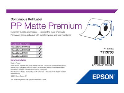 Epson Premium - Polypropylène (PP) - mat - adhésif permanent en acrylique - rouleau (10,5 cm x 55 m) 1 rouleau(x) étiquettes continues - pour ColorWorks C7500, C7500G, C8000e (BK), C8000e (MK), CW-C6000Ae, CW-C6500Ae