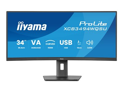 iiyama ProLite XCB3494WQSU-B1 - Écran LED - incurvé - 34" - 3440 x 1440 UWQHD @ 120 Hz - VA - 350 cd/m² - 3000:1 - 0.4 ms - HDMI, DisplayPort, USB-C - haut-parleurs - noir mat