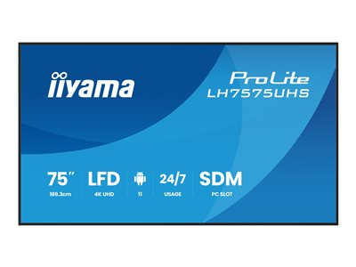 iiyama ProLite LH7575UHS-B2AG - Classe de diagonale 75" (74.5" visualisable) écran LCD rétro-éclairé par LED - signalisation numérique - avec lecteur multimédia intégré, SDM Slot PC - 4K UHD (2160p) 3840 x 2160 - noir (cadre), finition matte