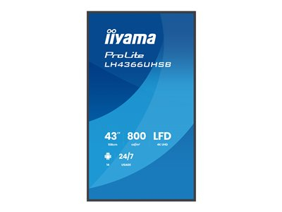 43iWIDE LCD 3840 x 2160 4K UHD VA panel IP5X (Front) Fan-less SpeakersHDMI(2x) USB-C(DP-Alt 15 Watt) USB 2x v2.0 800 cd/m 4000:1 StaticContrast 6.5 ms Landscape