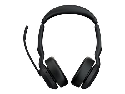 Jabra Evolve2 55 MS Stereo - Micro-casque - sur-oreille - Bluetooth - sans fil - Suppresseur de bruit actif - USB-A - noir - avec support de chargement - certifié Zoom, Cisco Webex Certified, Optimisé pour Microsoft Teams, Certifié Alcatel-Lucent, Certifié Avaya, Certifié Unify, Certifié MFi, Certifié Amazon Chime