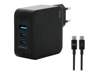 Mobilis - Adaptateur secteur - rapide, gan - 100 Watt - QC, PD/PPS - 3 connecteurs de sortie (USB, 2 x USB-C) - noir - Europe