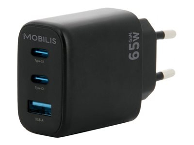 Mobilis - Adaptateur secteur - GaN - 65 Watt - PD, QC - 3 connecteurs de sortie (2 x USB-C, USB) - noir