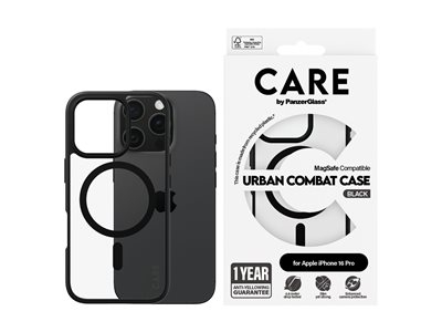 CARE by PanzerGlass Urban Combat - Coque de protection pour téléphone portable - cadre noir - compatibilité avec MagSafe - plastique recyclé - transparent, noir - pour Apple iPhone 16 Pro
