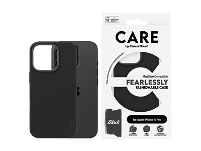 CARE by PanzerGlass - Coque de protection pour téléphone portable - compatibilité avec MagSafe - revêtement oléophobe, polyuréthanne thermoplastique (TPU), polycarbonate (PC) - noir - pour Apple iPhone 16 Pro