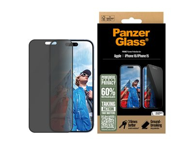 PanzerGlass - Protection d'écran pour téléphone portable - coupe ultra-large - verre - avec filtre de confidentialité - à double sens - couleur de cadre noir - pour Apple iPhone 16