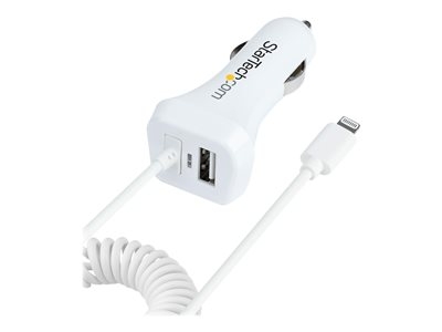Startech Chargeur Voiture Lightning avec Câble Spiralé de 1m - Blanc - Adaptateur d'alimentation pour voiture - 12 watt - 4.2 A - 2 connecteurs de sortie (USB, Lightning) - blanc