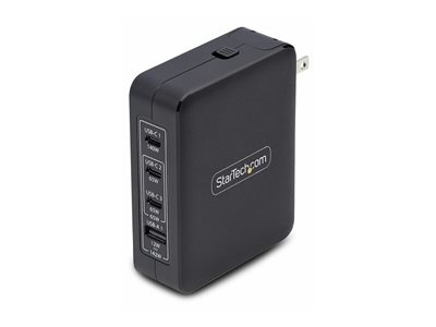 Startech 140W USB-C Wall Charger, USB-C/USB-A, PD GaN Power Adapter - Adaptateur secteur - technologie GaN - 140 Watt - 5 A - Power Delivery 3.1 - 4 connecteurs de sortie (USB, 3 x USB-C) - noir