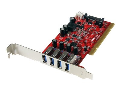StarTech.com Carte contrôleur PCI à 4 ports USB 3.0 SuperSpeed - Adaptateur PCI 4x USB A (F) avec alimentation SATA / SP4 - Adaptateur USB - PCI-X profil bas - USB 3.0 x 4 - rouge - pour P/N: HBS304A24A, S3510BMU33, S3510SMU33, UNI251BMU33, USB221SS
