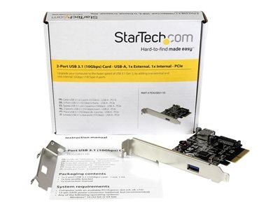 Startech Carte contrôleur PCI Express à 2 ports USB 3.1 (10 Gb/s) - 1 USB-A externe 1 USB-A interne - Adaptateur PCIe USB 3.1 - Adaptateur USB - PCIe x4 profil bas - USB 3.1 x 2 - pour P/N: USB312SAT3, USB31C2SAT3