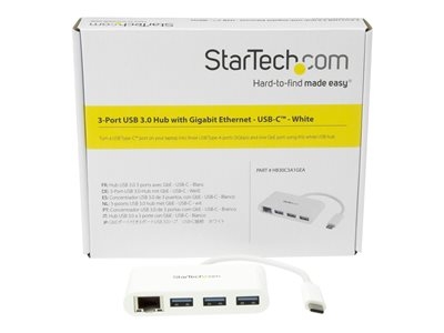 StarTech.com USB C vers Ethernet avec hub USB à 3 ports - Blanc - Gigabit Ethernet - Hub USB 3.0 - Compatible Thunderbolt 3 (HB30C3A1GEA) - Concentrateur (hub) - 3 x SuperSpeed USB 3.0 + 1 x 10/100/1000