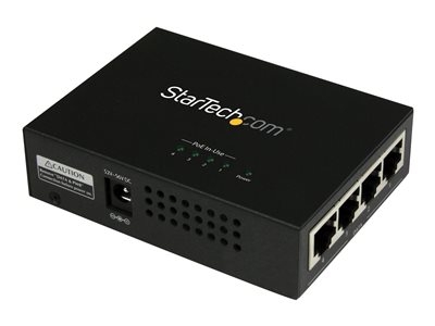 StarTech.com Injecteur PoE+ à 4 ports Gigabit - Midspan Power over Ethernet à fixation murale - 802.3at/af - Injecteur de puissance - CA 100-240 V - 120 Watt - connecteurs de sortie : 4 - noir - pour P/N: POEEXT1GAT, POEEXT2GAT, ST12MHDLANU