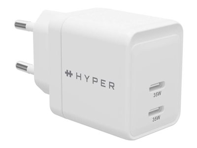 HyperJuice - Adaptateur secteur - GaN - 35 Watt - QC 3.0, Power Delivery 3.0 + PPS - 2 connecteurs de sortie (USB-C) - blanc - Europe