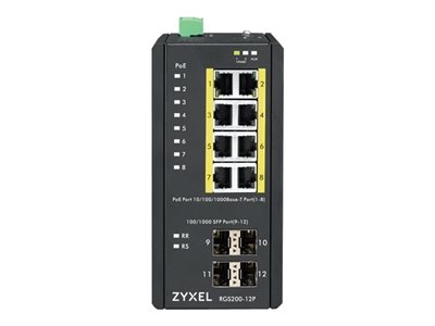 Zyxel RGS200-12P - Commutateur - Géré - 8 x 10/100/1000 (PoE+) + 4 x SFP - Montage sur rail DIN, Montable sur rack - PoE+ (240 W) - Tension CC